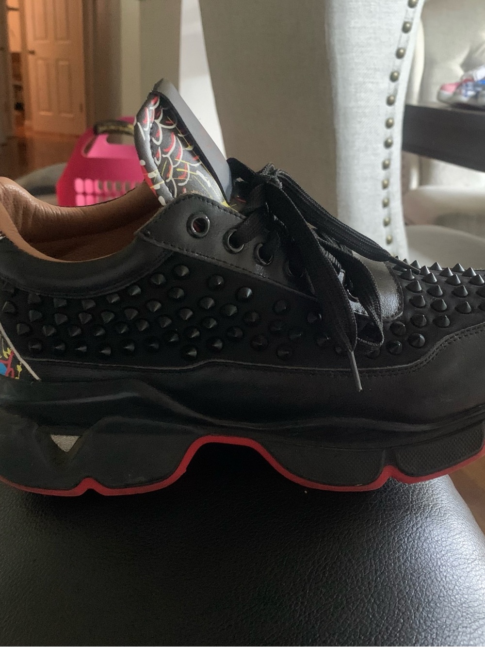 Christian Louboutin Black Studded Low-Top Sneaker with Red Trim